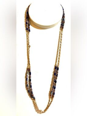 Gold Multi-Strand Necklace with Navy Blue and Lavender Beads